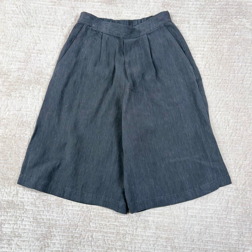 Poetry Gray Linen Blend Pleated Culotte Shorts Wide Leg Elastic Waist US 6 VY70